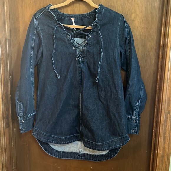 Free People XS Denim Lace Up Plunge Tunic - Picture 2 of 9
